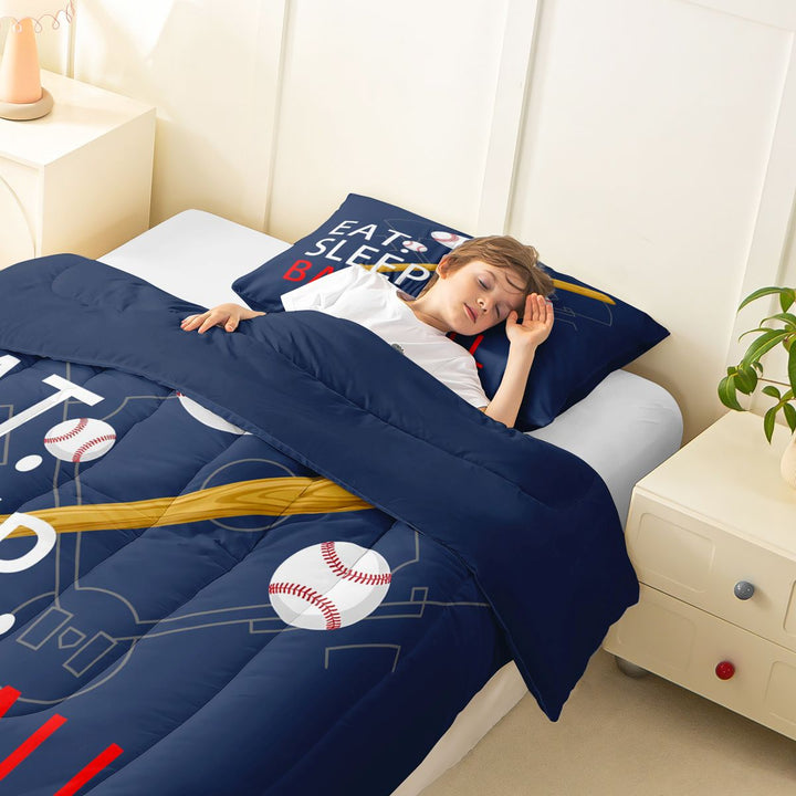 meiyoeat Eat Sleep Baseball Full Size Comforter Setsfor Boys Teens, Sport Baseball Bedding Sets, Navy Reversible 3-Piece, 1 Comforter and 2 Pillowcases