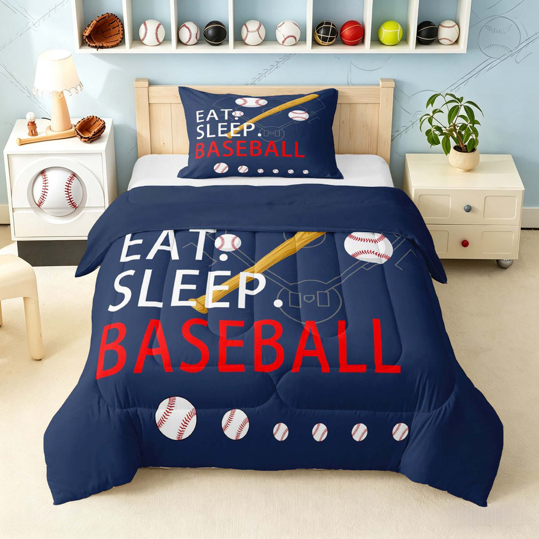 meiyoeat Eat Sleep Baseball Full Size Comforter Setsfor Boys Teens, Sport Baseball Bedding Sets, Navy Reversible 3-Piece, 1 Comforter and 2 Pillowcases
