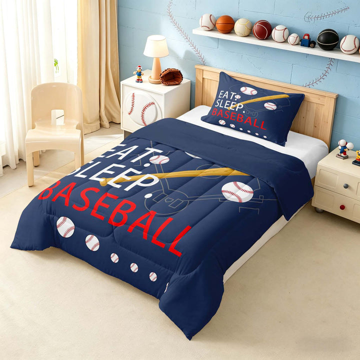 meiyoeat Eat Sleep Baseball Full Size Comforter Setsfor Boys Teens, Sport Baseball Bedding Sets, Navy Reversible 3-Piece, 1 Comforter and 2 Pillowcases
