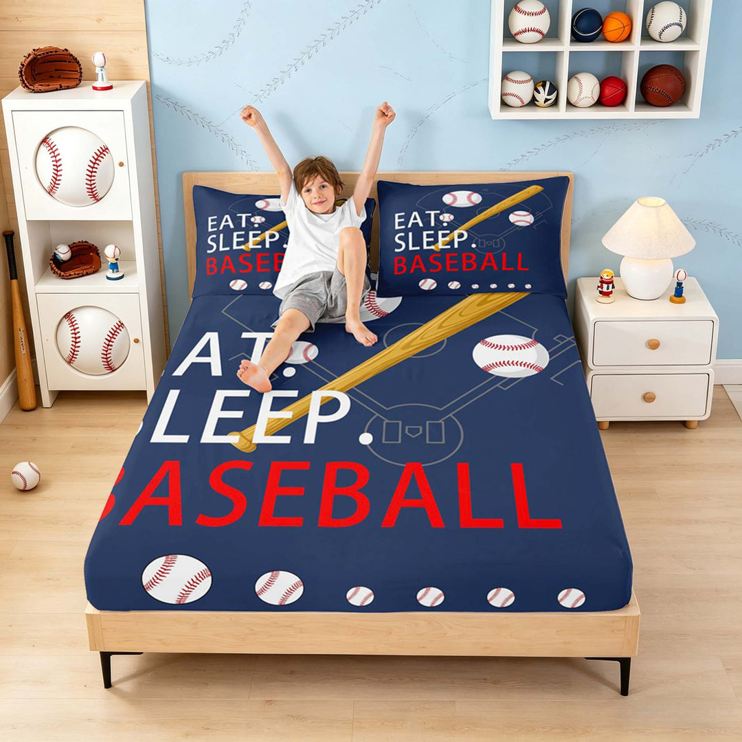 meiyoeat Eat Sleep Baseball Full Size Sheetsfor Boys Teens, Sport Baseball Bed Sheets, 4-Piece, 1 Flat Sheet, 1 Fitted Sheet and 2 Pillowcases