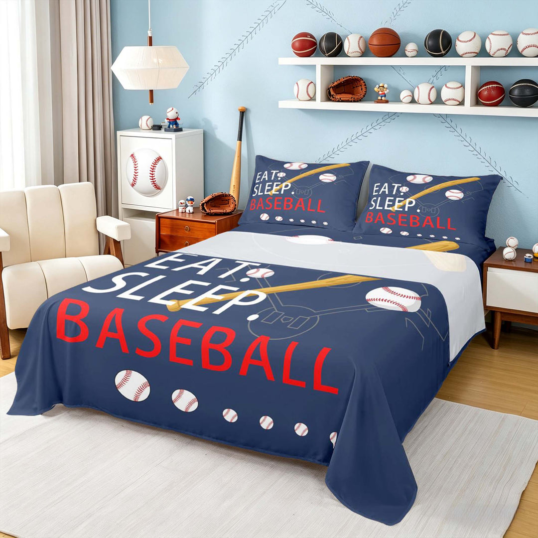 meiyoeat Eat Sleep Baseball Full Size Sheetsfor Boys Teens, Sport Baseball Bed Sheets, 4-Piece, 1 Flat Sheet, 1 Fitted Sheet and 2 Pillowcases