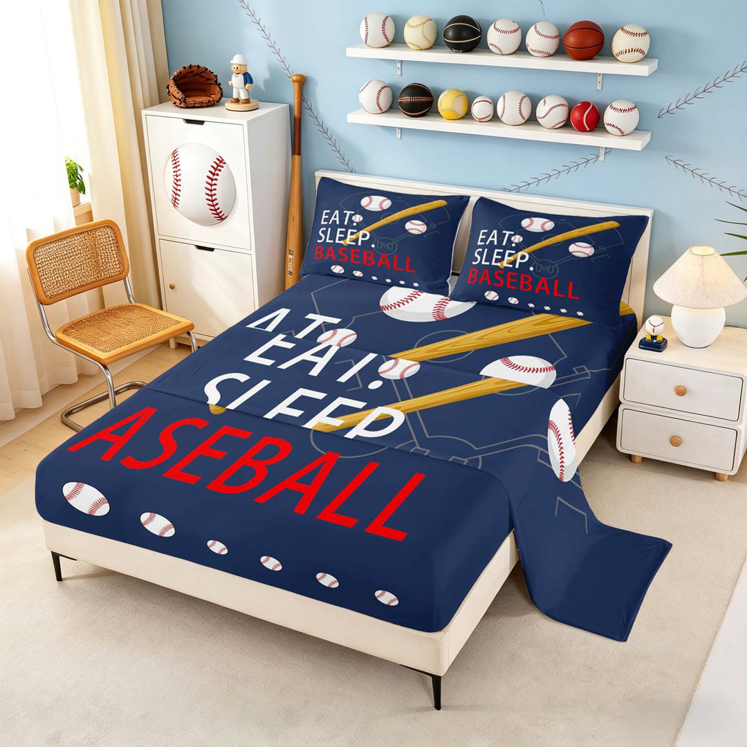 meiyoeat Eat Sleep Baseball Full Size Sheetsfor Boys Teens, Sport Baseball Bed Sheets, 4-Piece, 1 Flat Sheet, 1 Fitted Sheet and 2 Pillowcases