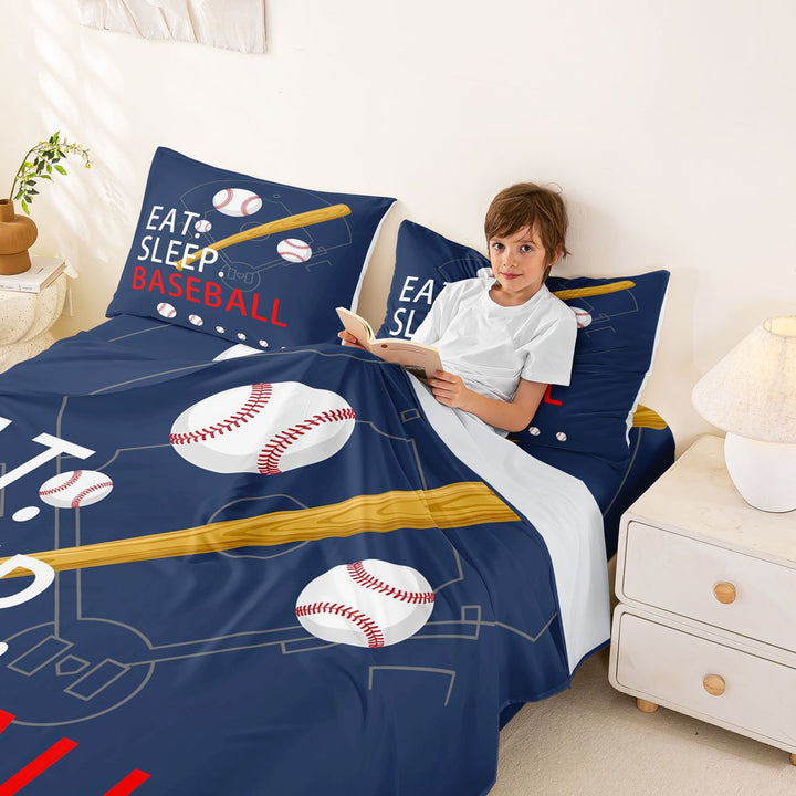 meiyoeat Eat Sleep Baseball Full Size Sheetsfor Boys Teens, Sport Baseball Bed Sheets, 4-Piece, 1 Flat Sheet, 1 Fitted Sheet and 2 Pillowcases