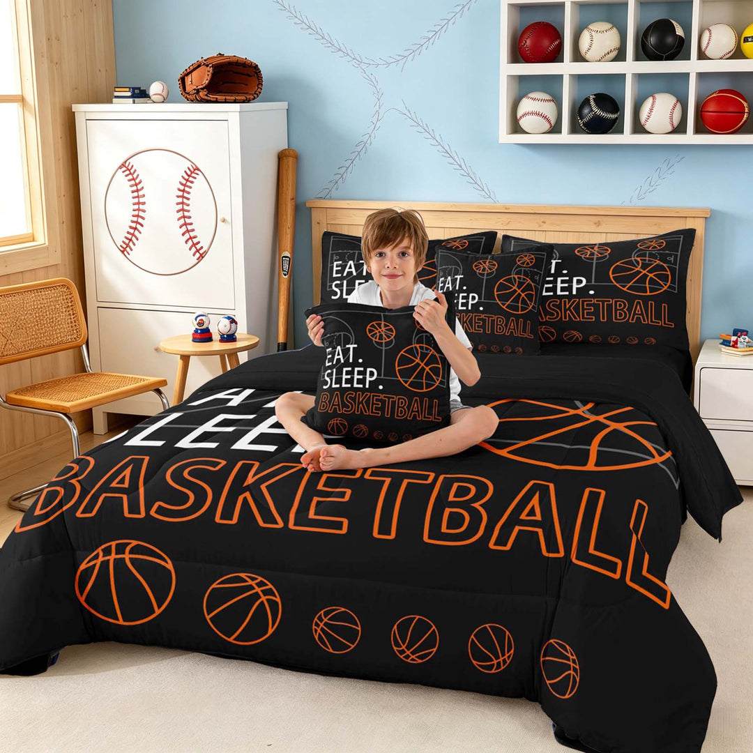 meiyoeat Eat Sleep Basketball Bedding Comforter Setfor Boys Teens,Sport Basketball Full Bedding Set, Black Reversible 7pcs