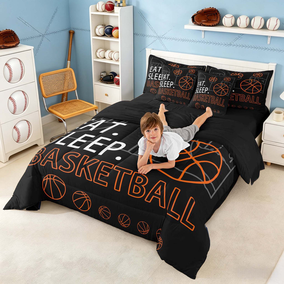 meiyoeat Eat Sleep Basketball Bedding Comforter Setfor Boys Teens,Sport Basketball Full Bedding Set, Black Reversible 7pcs