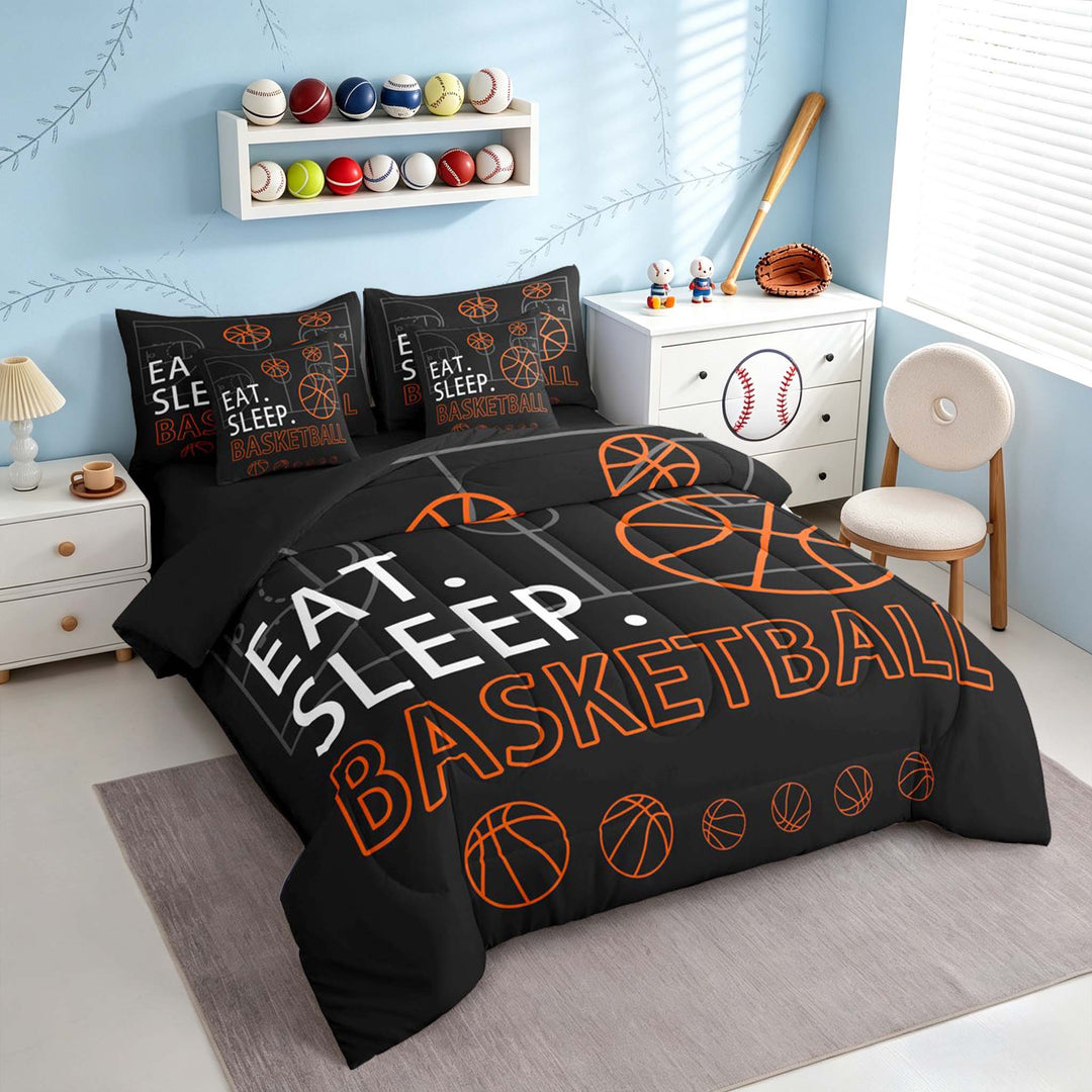 meiyoeat Eat Sleep Basketball Bedding Comforter Setfor Boys Teens,Sport Basketball Full Bedding Set, Black Reversible 7pcs