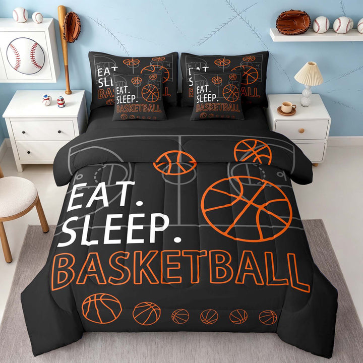 meiyoeat Eat Sleep Basketball Bedding Comforter Setfor Boys Teens,Sport Basketball Full Bedding Set, Black Reversible 7pcs