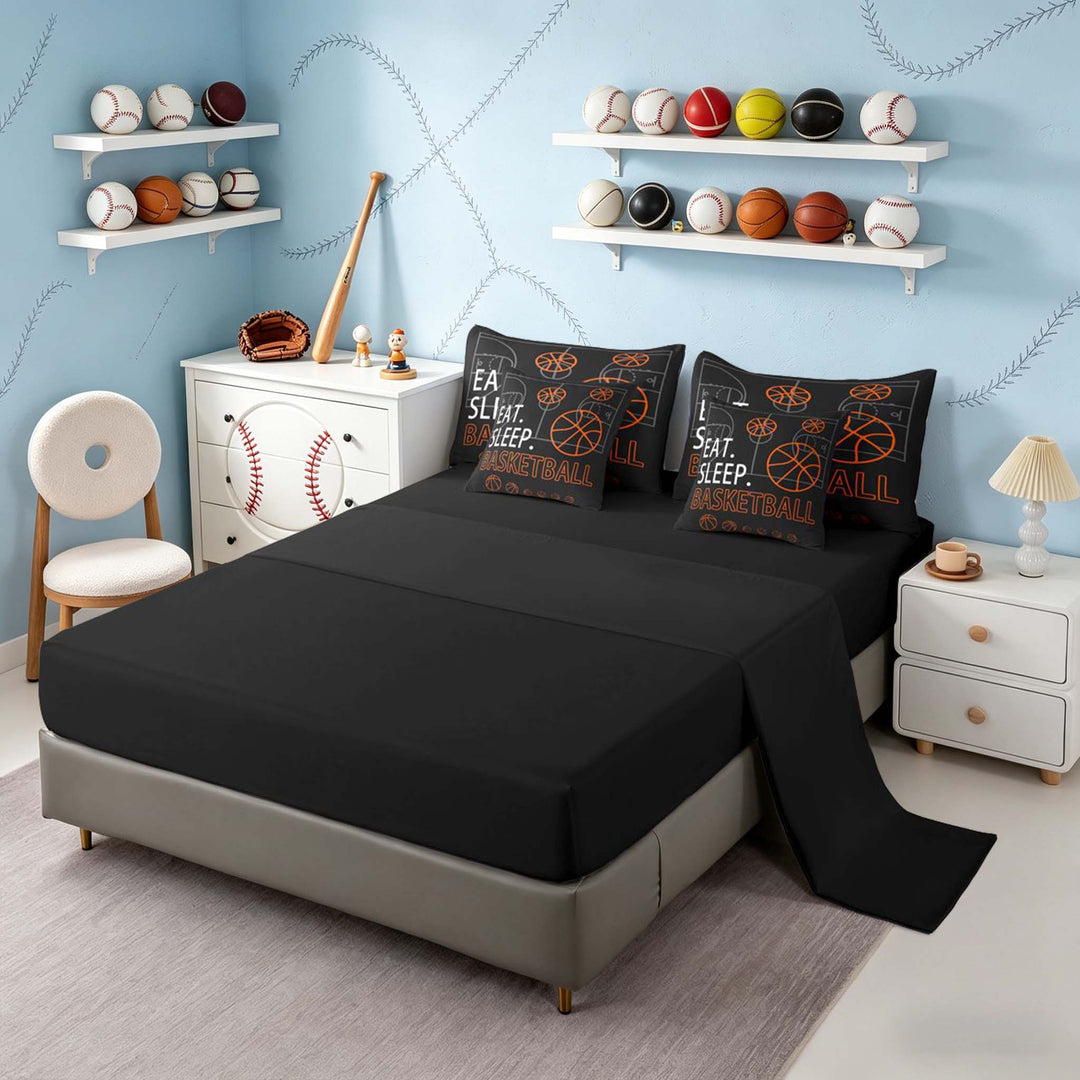 meiyoeat Eat Sleep Basketball Bedding Comforter Setfor Boys Teens,Sport Basketball Full Bedding Set, Black Reversible 7pcs