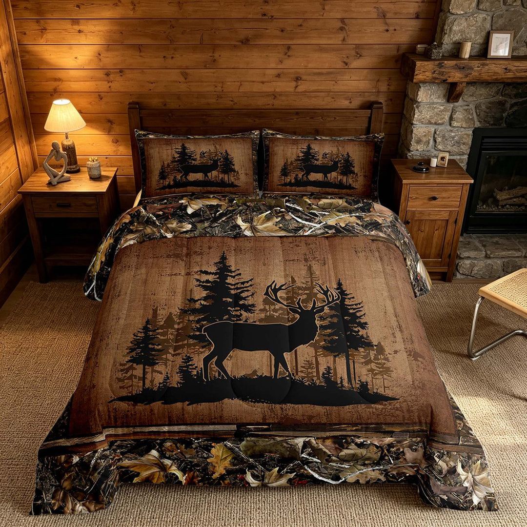 meiyoeat Rustic Deer Forest King Size Comforter Sets, Vintage Woodland Deer Bedding Comforter Set, Brown Black, Black Reversible 3 Pieces, 1 Comforter and 2 Pillowcases