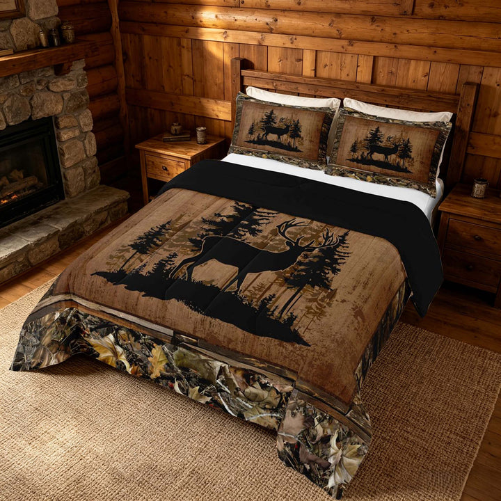 meiyoeat Rustic Deer Forest King Size Comforter Sets, Vintage Woodland Deer Bedding Comforter Set, Brown Black, Black Reversible 3 Pieces, 1 Comforter and 2 Pillowcases