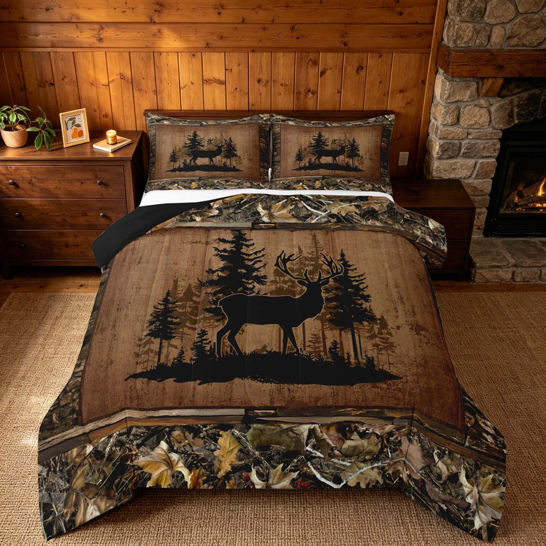 meiyoeat Rustic Deer Forest King Size Comforter Sets, Vintage Woodland Deer Bedding Comforter Set, Brown Black, Black Reversible 3 Pieces, 1 Comforter and 2 Pillowcases
