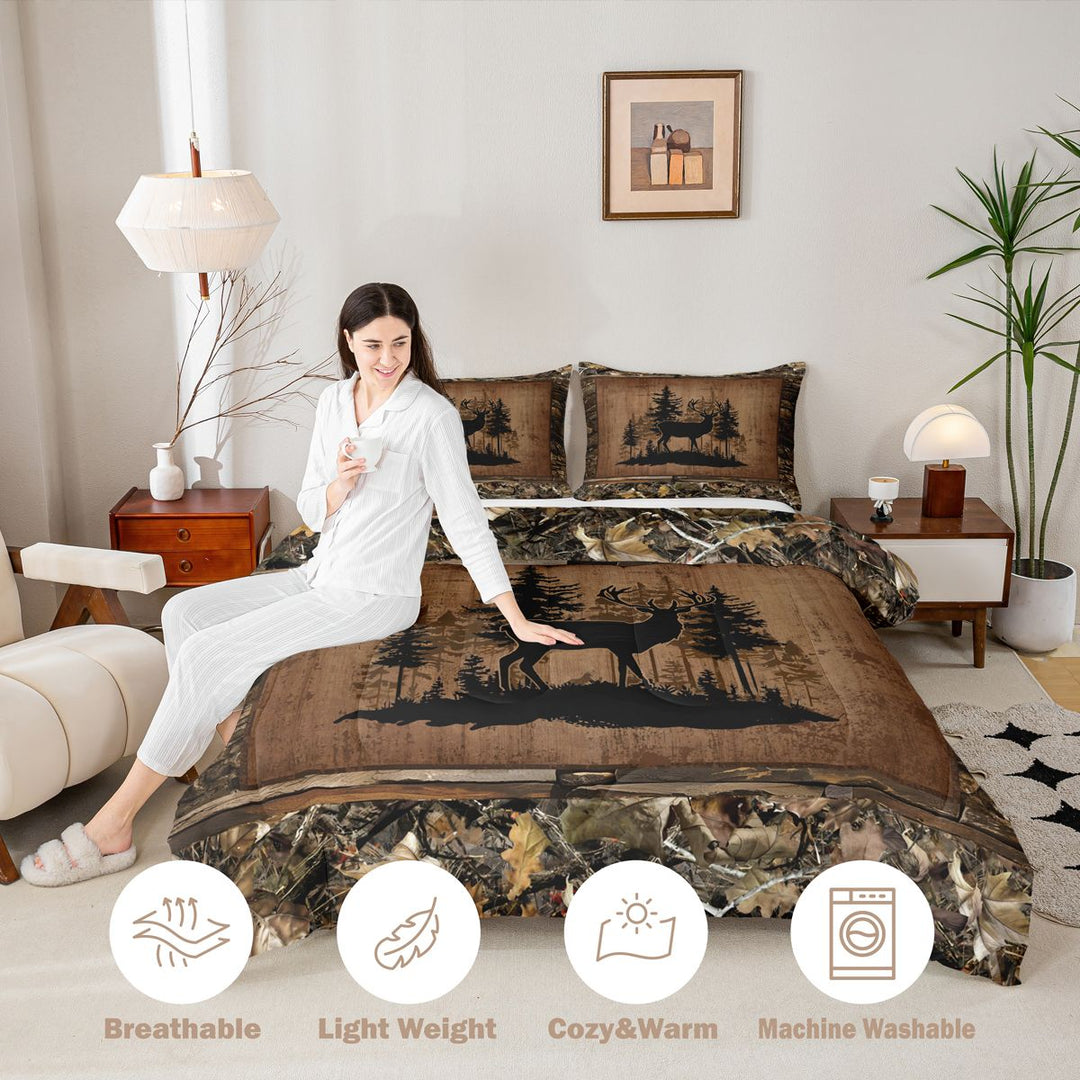 meiyoeat Rustic Deer Forest King Size Comforter Sets, Vintage Woodland Deer Bedding Comforter Set, Brown Black, Black Reversible 3 Pieces, 1 Comforter and 2 Pillowcases