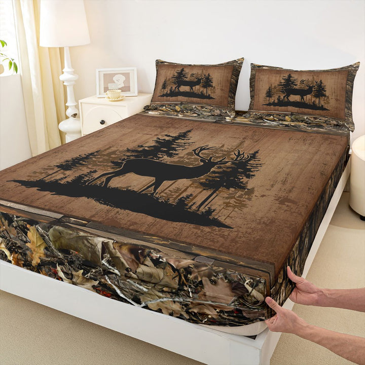 meiyoeat Rustic Deer Jungle Bed Sheets, Vintage Woodland Deer King Sheets, Brown Black, 4 Pieces, 1 Flat Sheet, 1 Fitted Sheet and 2 Pillowcases
