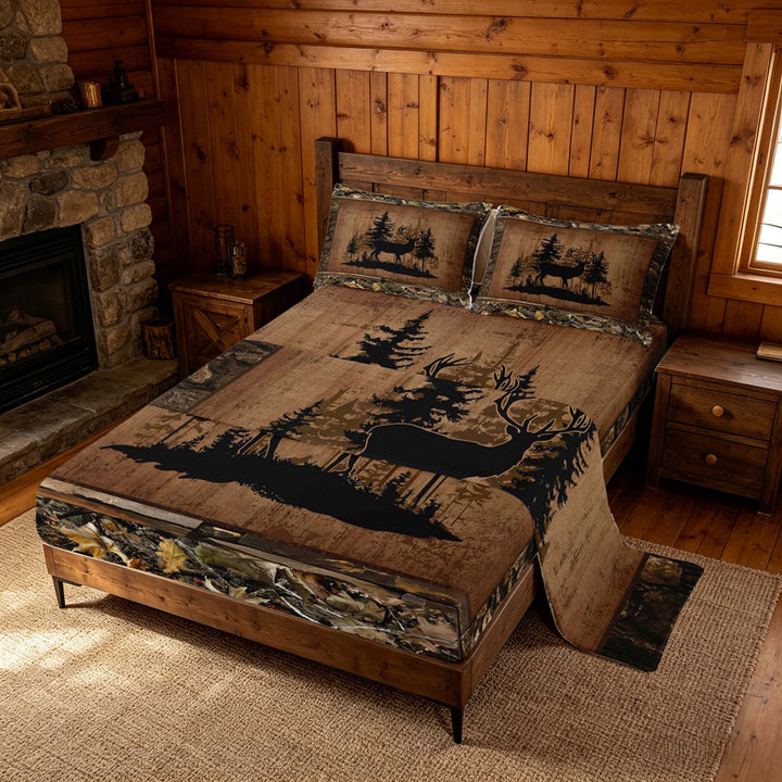 meiyoeat Rustic Deer Jungle Bed Sheets, Vintage Woodland Deer King Sheets, Brown Black, 4 Pieces, 1 Flat Sheet, 1 Fitted Sheet and 2 Pillowcases
