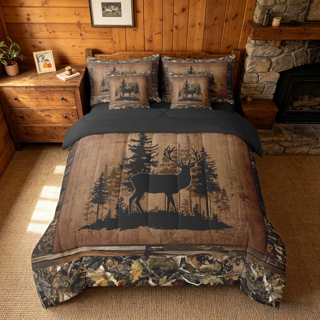 meiyoeat Rustic Deer Forest Bedding Comforter Set, Vintage Woodland Deer King Bedding Sets, Brown Black, Black Reversible 7 Pieces