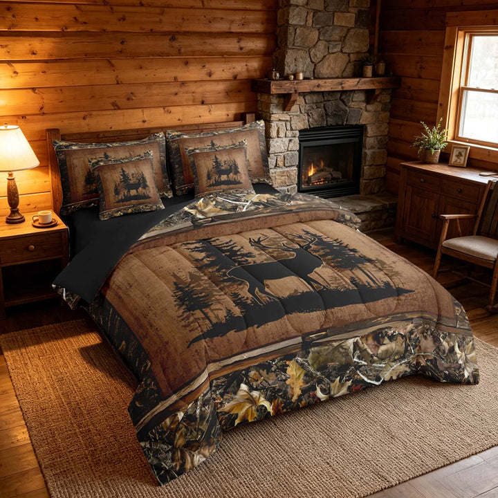 meiyoeat Rustic Deer Forest Bedding Comforter Set, Vintage Woodland Deer King Bedding Sets, Brown Black, Black Reversible 7 Pieces