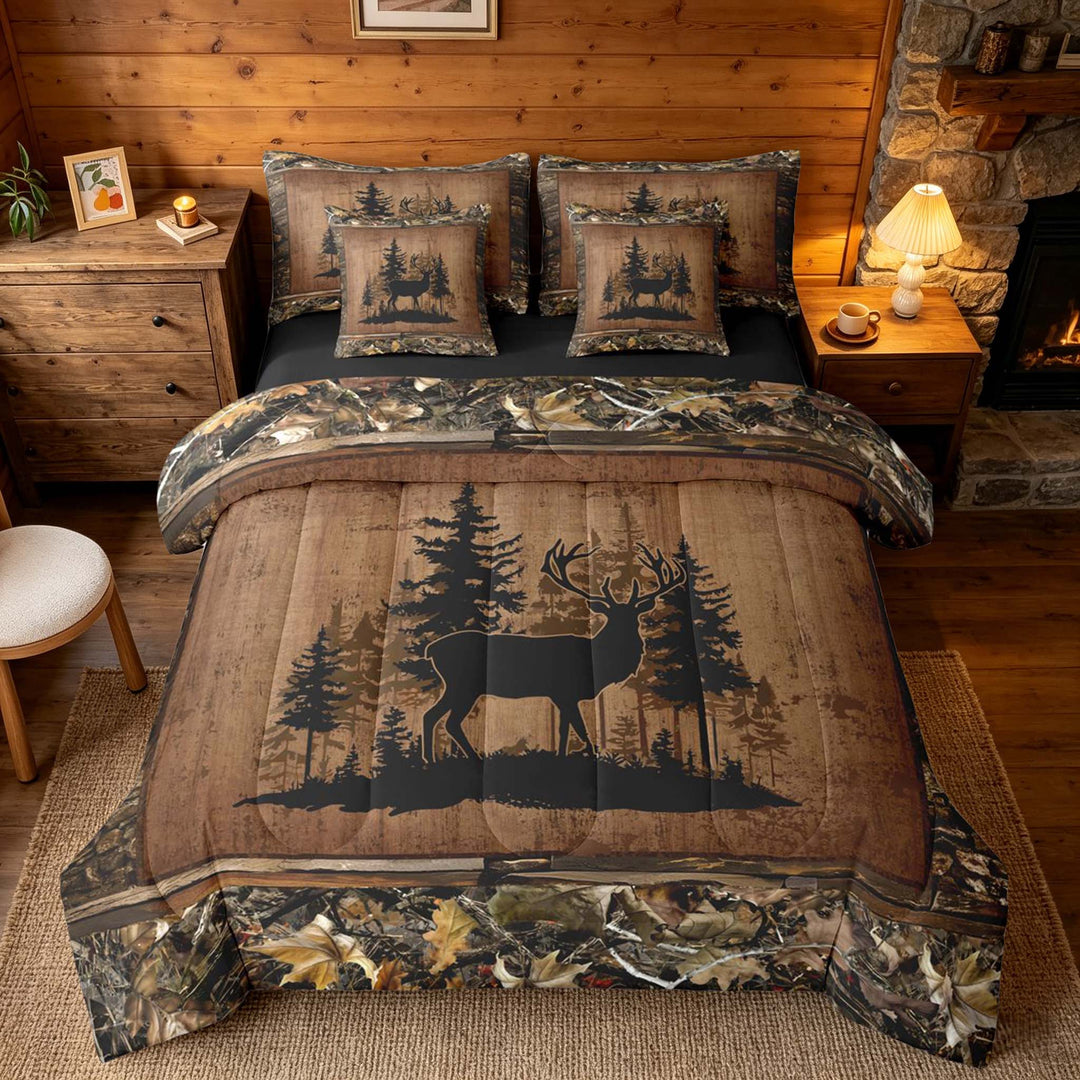meiyoeat Rustic Deer Forest Bedding Comforter Set, Vintage Woodland Deer King Bedding Sets, Brown Black, Black Reversible 7 Pieces