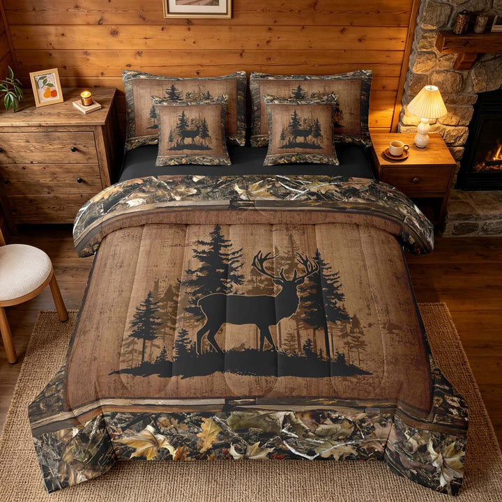meiyoeat Rustic Deer Forest Bedding Comforter Set, Vintage Woodland Deer King Bedding Sets, Brown Black, Black Reversible 7 Pieces