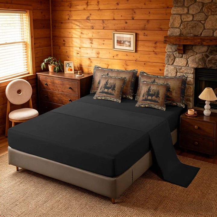 meiyoeat Rustic Deer Forest Bedding Comforter Set, Vintage Woodland Deer King Bedding Sets, Brown Black, Black Reversible 7 Pieces
