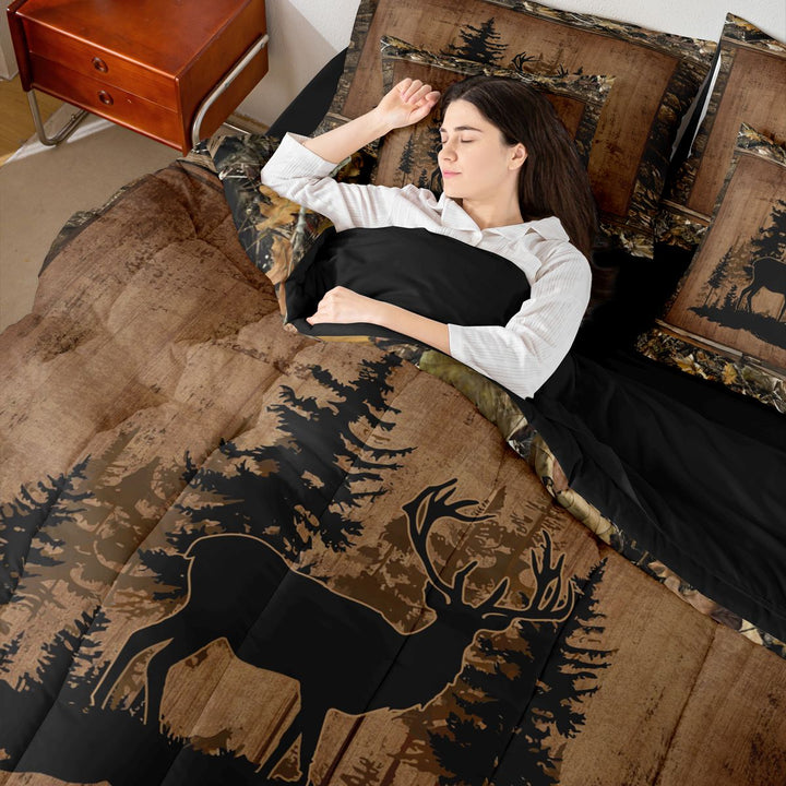 meiyoeat Rustic Deer Forest Bedding Comforter Set, Vintage Woodland Deer King Bedding Sets, Brown Black, Black Reversible 7 Pieces