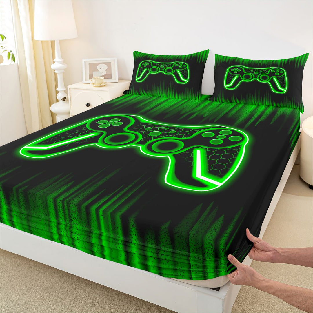 meiyoeat Boys Gamer Full Size Sheets, Hexagon Neon Gaming Console Bed Sheets, Black Green, 4pcs, 1 Flat Sheet, 1 Fitted Sheet and 2 Pillowcases