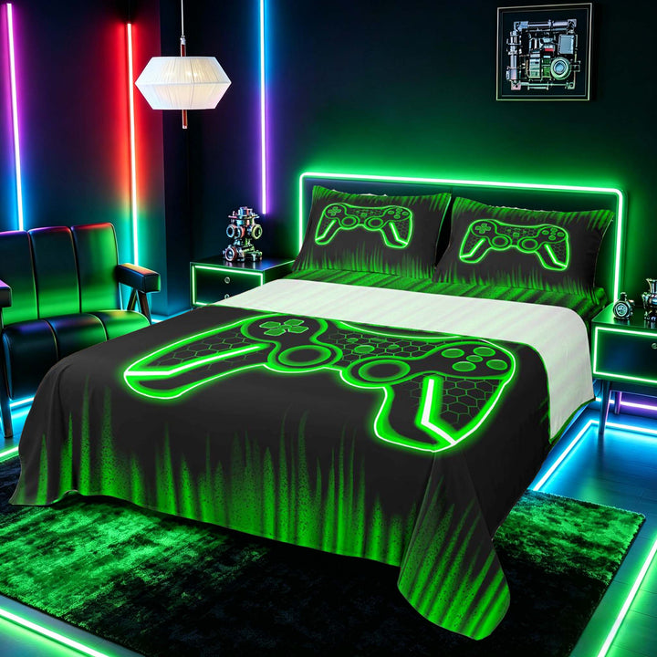 meiyoeat Boys Gamer Full Size Sheets, Hexagon Neon Gaming Console Bed Sheets, Black Green, 4pcs, 1 Flat Sheet, 1 Fitted Sheet and 2 Pillowcases