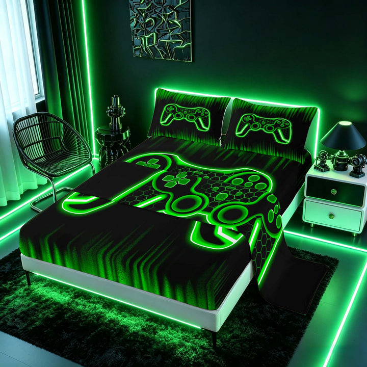 meiyoeat Boys Gamer Full Size Sheets, Hexagon Neon Gaming Console Bed Sheets, Black Green, 4pcs, 1 Flat Sheet, 1 Fitted Sheet and 2 Pillowcases
