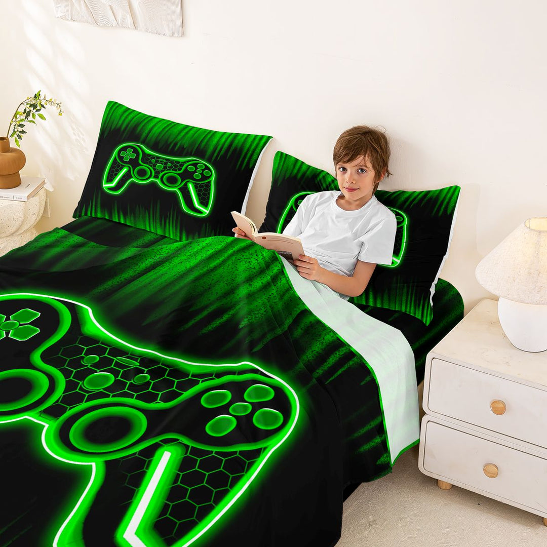 meiyoeat Boys Gamer Full Size Sheets, Hexagon Neon Gaming Console Bed Sheets, Black Green, 4pcs, 1 Flat Sheet, 1 Fitted Sheet and 2 Pillowcases