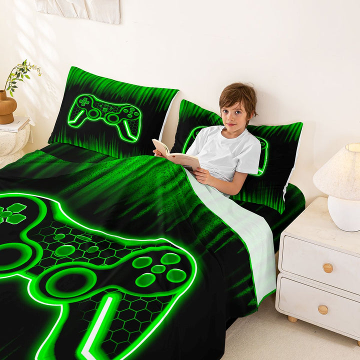 meiyoeat Boys Gamer Full Size Sheets, Hexagon Neon Gaming Console Bed Sheets, Black Green, 4pcs, 1 Flat Sheet, 1 Fitted Sheet and 2 Pillowcases