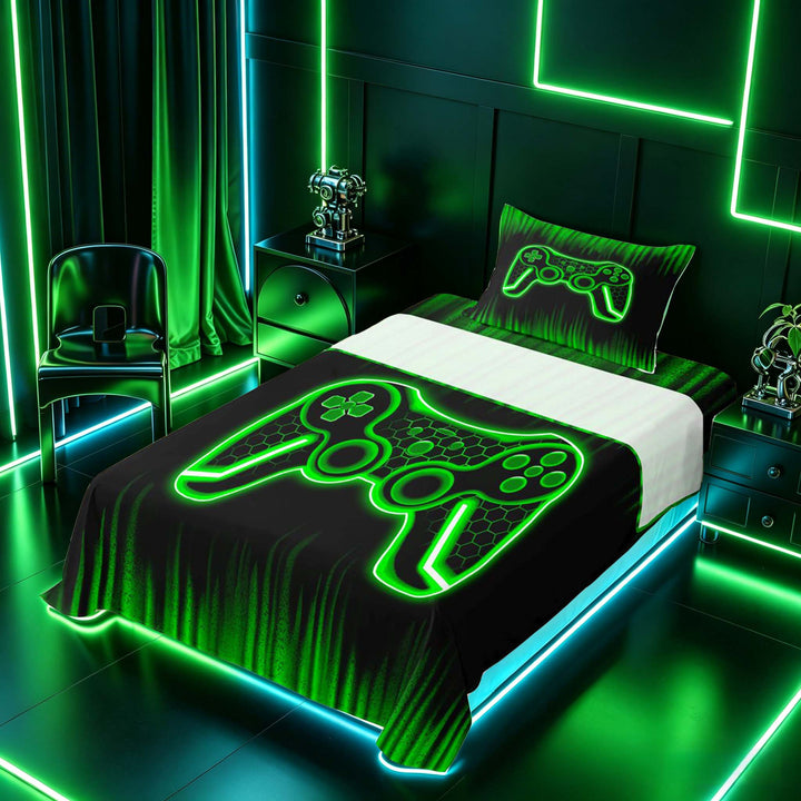 meiyoeat Boys Gamer Full Size Sheets, Hexagon Neon Gaming Console Bed Sheets, Black Green, 4pcs, 1 Flat Sheet, 1 Fitted Sheet and 2 Pillowcases