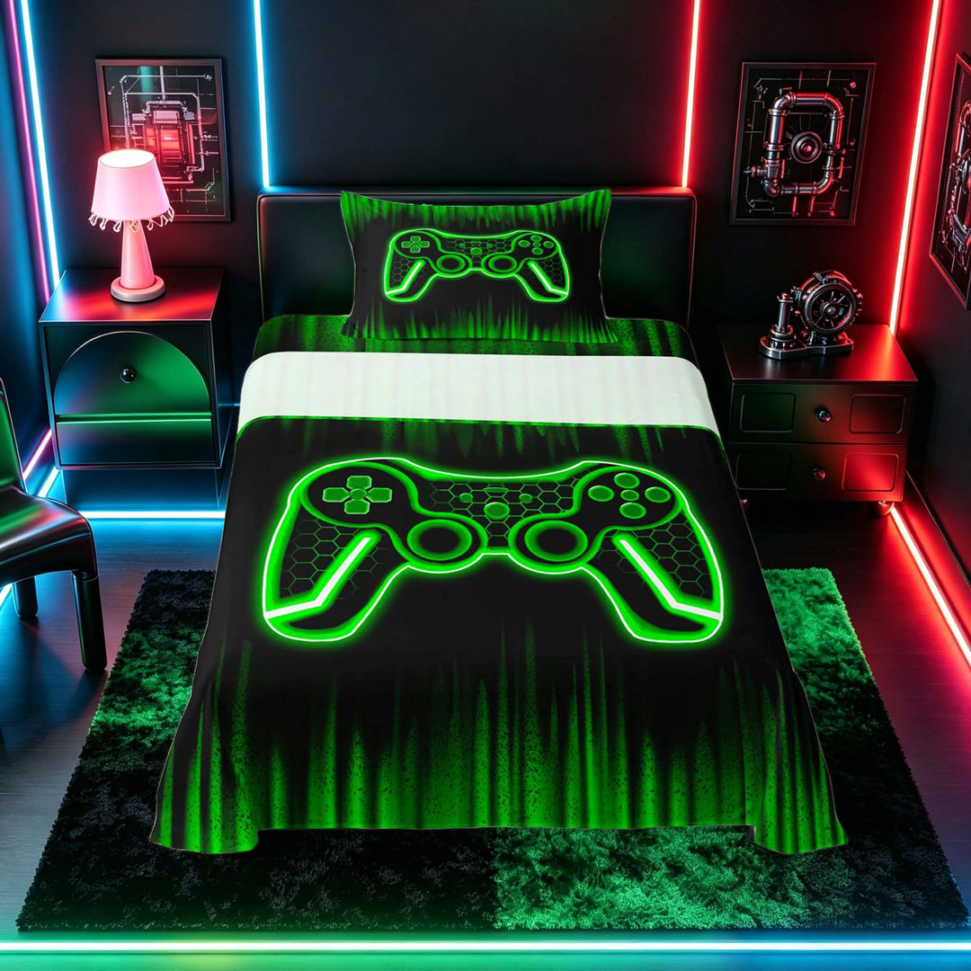 meiyoeat Boys Gamer Full Size Sheets, Hexagon Neon Gaming Console Bed Sheets, Black Green, 4pcs, 1 Flat Sheet, 1 Fitted Sheet and 2 Pillowcases