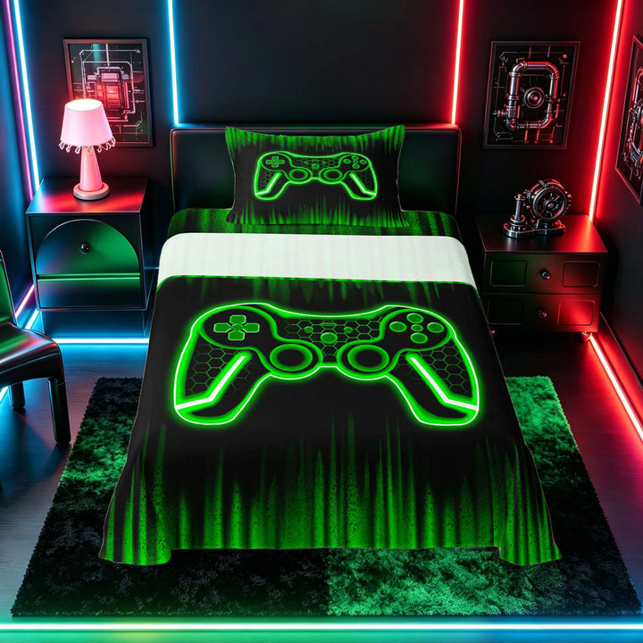 meiyoeat Boys Gamer Full Size Sheets, Hexagon Neon Gaming Console Bed Sheets, Black Green, 4pcs, 1 Flat Sheet, 1 Fitted Sheet and 2 Pillowcases