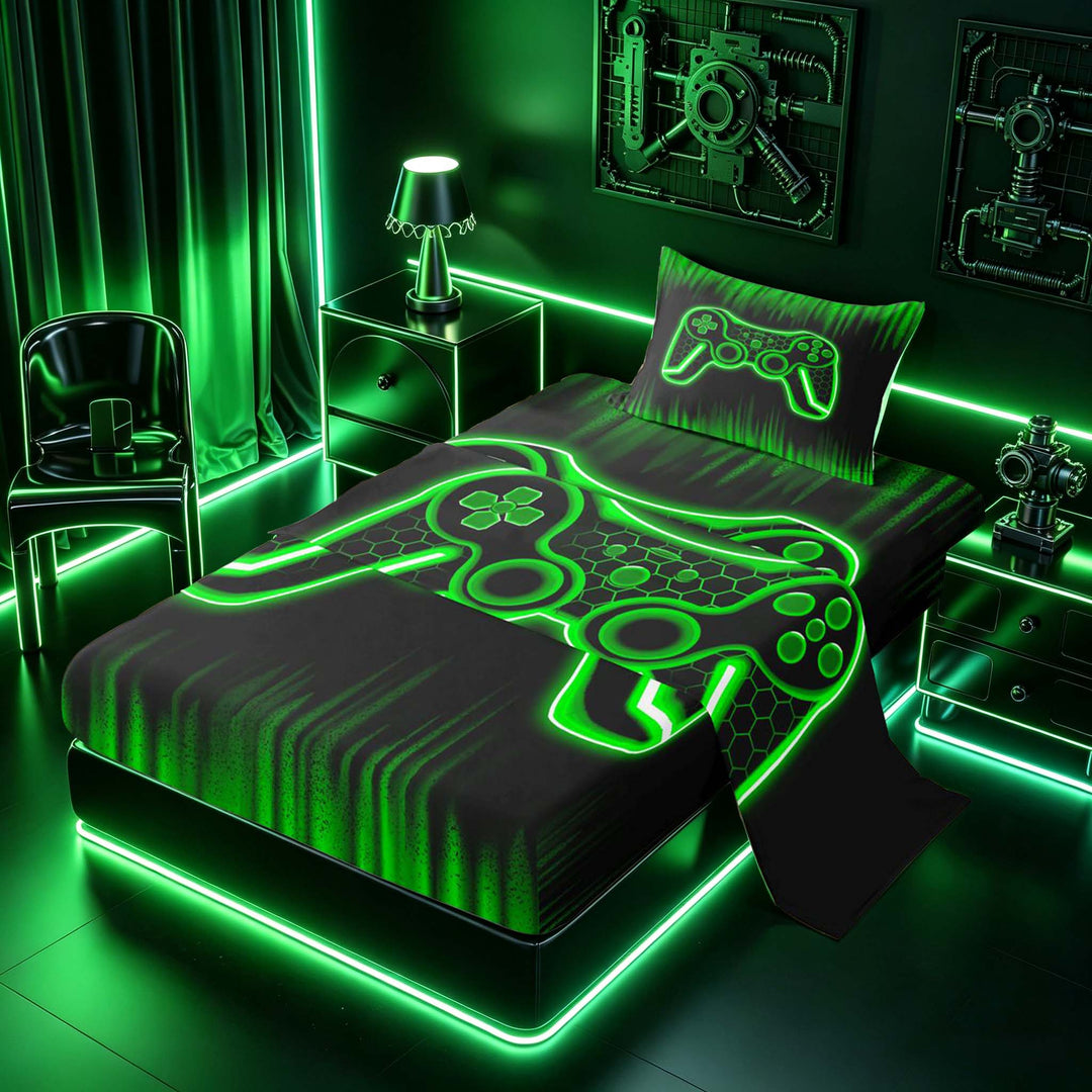meiyoeat Boys Gamer Full Size Sheets, Hexagon Neon Gaming Console Bed Sheets, Black Green, 4pcs, 1 Flat Sheet, 1 Fitted Sheet and 2 Pillowcases