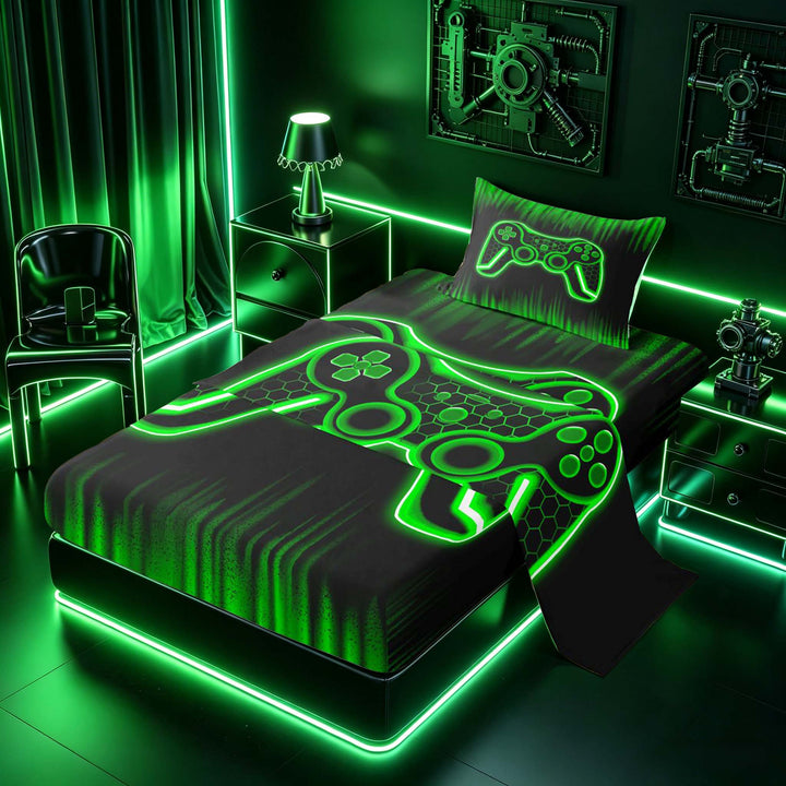 meiyoeat Boys Gamer Full Size Sheets, Hexagon Neon Gaming Console Bed Sheets, Black Green, 4pcs, 1 Flat Sheet, 1 Fitted Sheet and 2 Pillowcases