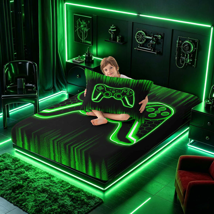 meiyoeat Boys Gamer Full Size Sheets, Hexagon Neon Gaming Console Bed Sheets, Black Green, 4pcs, 1 Flat Sheet, 1 Fitted Sheet and 2 Pillowcases