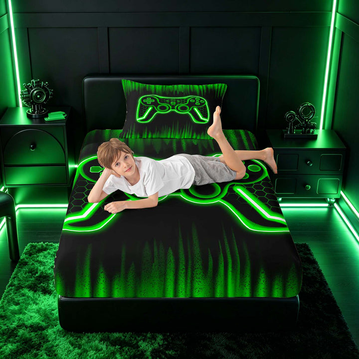 meiyoeat Boys Gamer Full Size Sheets, Hexagon Neon Gaming Console Bed Sheets, Black Green, 4pcs, 1 Flat Sheet, 1 Fitted Sheet and 2 Pillowcases