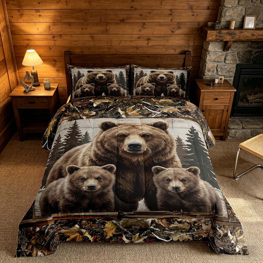 meiyoeat Rustic Woodland Bear King Size Comforter Sets, Vintage Wild Animal Bedding Comforter Set, Brown Beige, Black Reversible 3-Piece, 1 Comforter and 2 Pillowcases