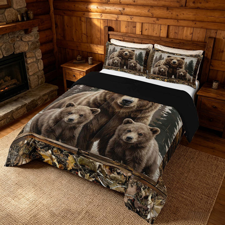 meiyoeat Rustic Woodland Bear King Size Comforter Sets, Vintage Wild Animal Bedding Comforter Set, Brown Beige, Black Reversible 3-Piece, 1 Comforter and 2 Pillowcases