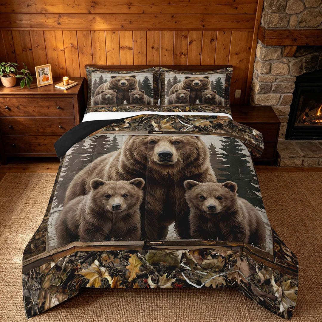 meiyoeat Rustic Woodland Bear King Size Comforter Sets, Vintage Wild Animal Bedding Comforter Set, Brown Beige, Black Reversible 3-Piece, 1 Comforter and 2 Pillowcases