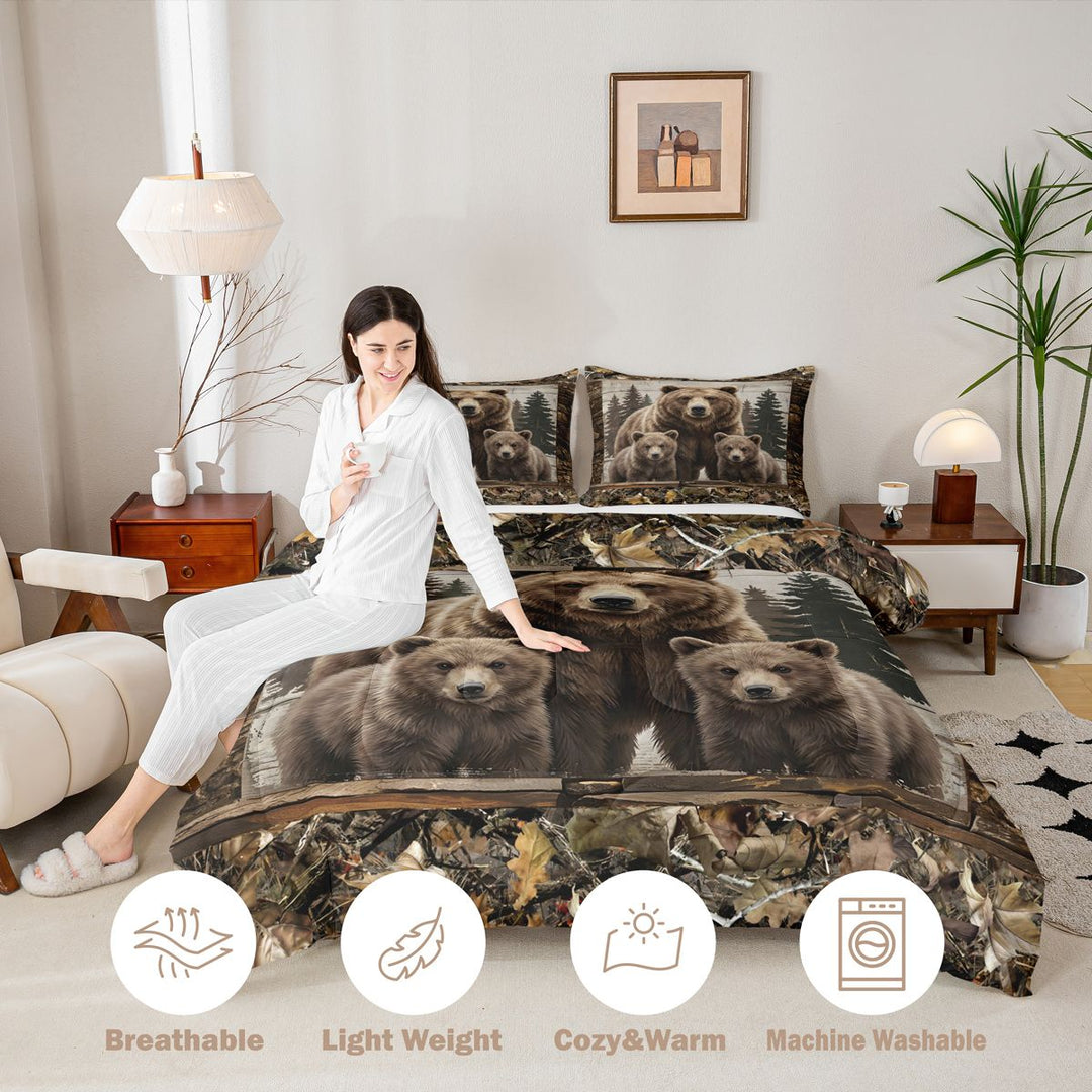 meiyoeat Rustic Woodland Bear King Size Comforter Sets, Vintage Wild Animal Bedding Comforter Set, Brown Beige, Black Reversible 3-Piece, 1 Comforter and 2 Pillowcases