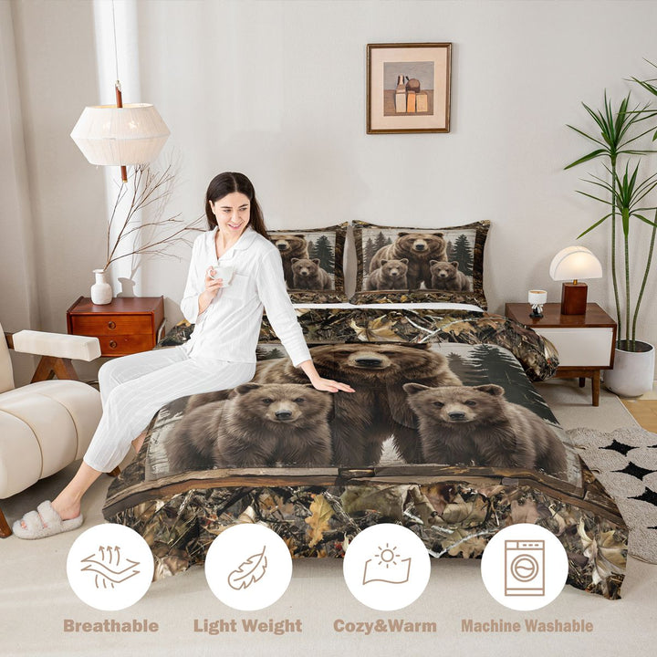 meiyoeat Rustic Woodland Bear King Size Comforter Sets, Vintage Wild Animal Bedding Comforter Set, Brown Beige, Black Reversible 3-Piece, 1 Comforter and 2 Pillowcases