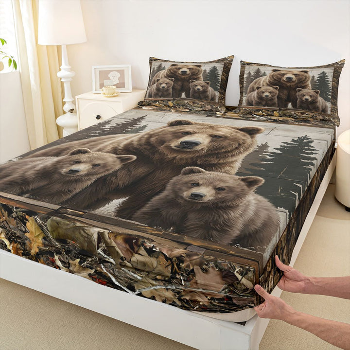 meiyoeat Rustic Woodland Bear Bed Sheets, Vintage Wild Animal King Sheets, Brown Beige, 4-Piece, 1 Flat Sheet, 1 Fitted Sheet and 2 Pillowcases
