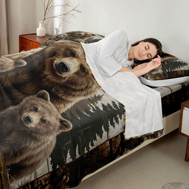 meiyoeat Rustic Woodland Bear Bed Sheets, Vintage Wild Animal King Sheets, Brown Beige, 4-Piece, 1 Flat Sheet, 1 Fitted Sheet and 2 Pillowcases