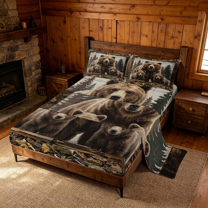 meiyoeat Rustic Woodland Bear Bed Sheets, Vintage Wild Animal King Sheets, Brown Beige, 4-Piece, 1 Flat Sheet, 1 Fitted Sheet and 2 Pillowcases