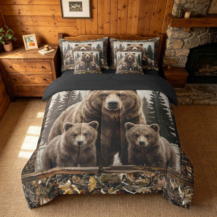 meiyoeat Rustic Woodland Bear Bedding Comforter Set, Vintage Wild Animal King Bedding Sets, Brown Beige, Black Reversible 7-Piece