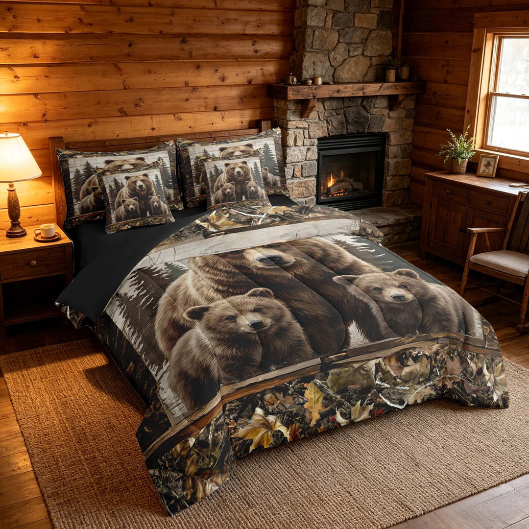 meiyoeat Rustic Woodland Bear Bedding Comforter Set, Vintage Wild Animal King Bedding Sets, Brown Beige, Black Reversible 7-Piece