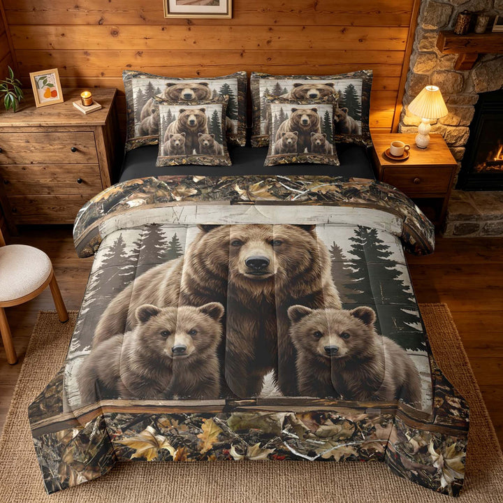 meiyoeat Rustic Woodland Bear Bedding Comforter Set, Vintage Wild Animal King Bedding Sets, Brown Beige, Black Reversible 7-Piece