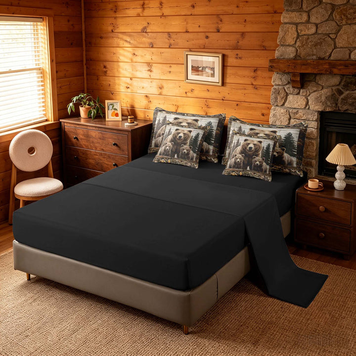 meiyoeat Rustic Woodland Bear Bedding Comforter Set, Vintage Wild Animal King Bedding Sets, Brown Beige, Black Reversible 7-Piece