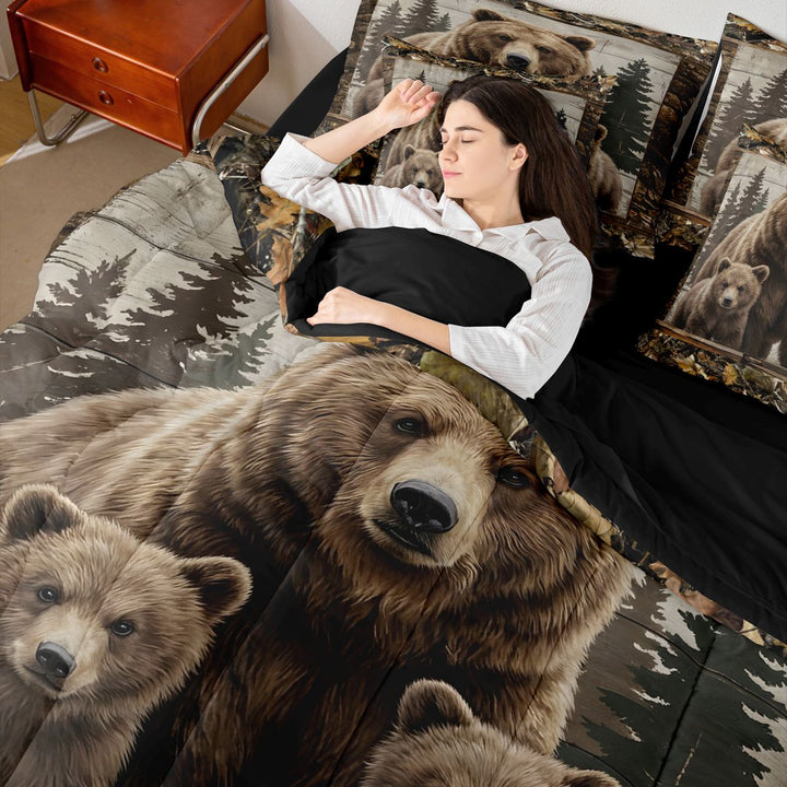 meiyoeat Rustic Woodland Bear Bedding Comforter Set, Vintage Wild Animal King Bedding Sets, Brown Beige, Black Reversible 7-Piece