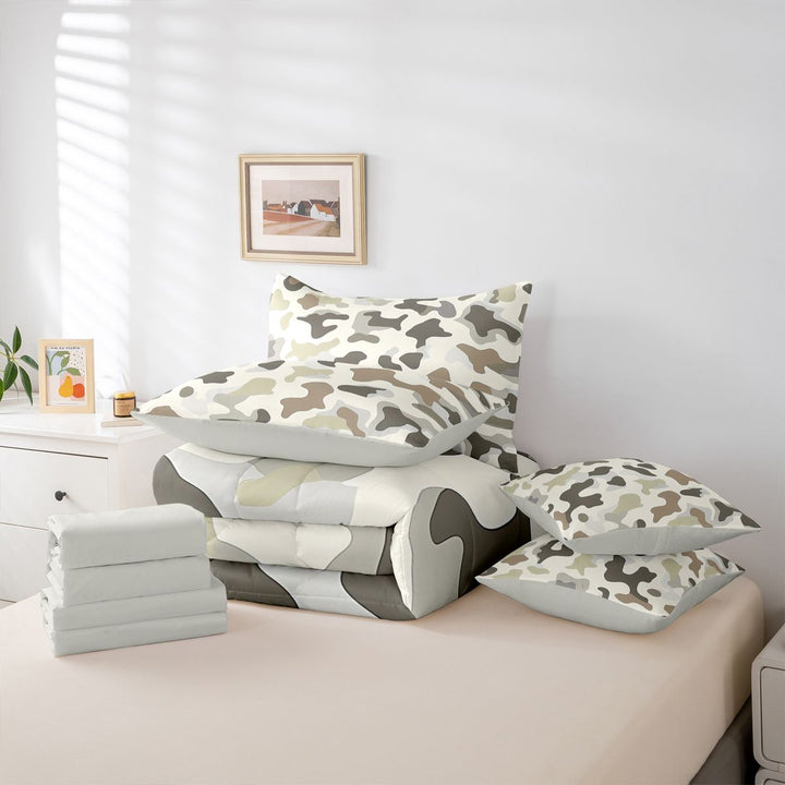 meiyoeat Rustic Camouflage 7-Piece King Bedding For Kids,Retro Farmhouse Camouflage Hunting King Bed in a Bag For Men,Light Gray Reversible